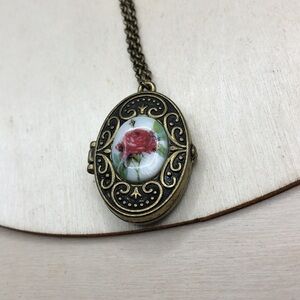 Vintage magnetic brass flower floral locket chain necklace long Victorian style.